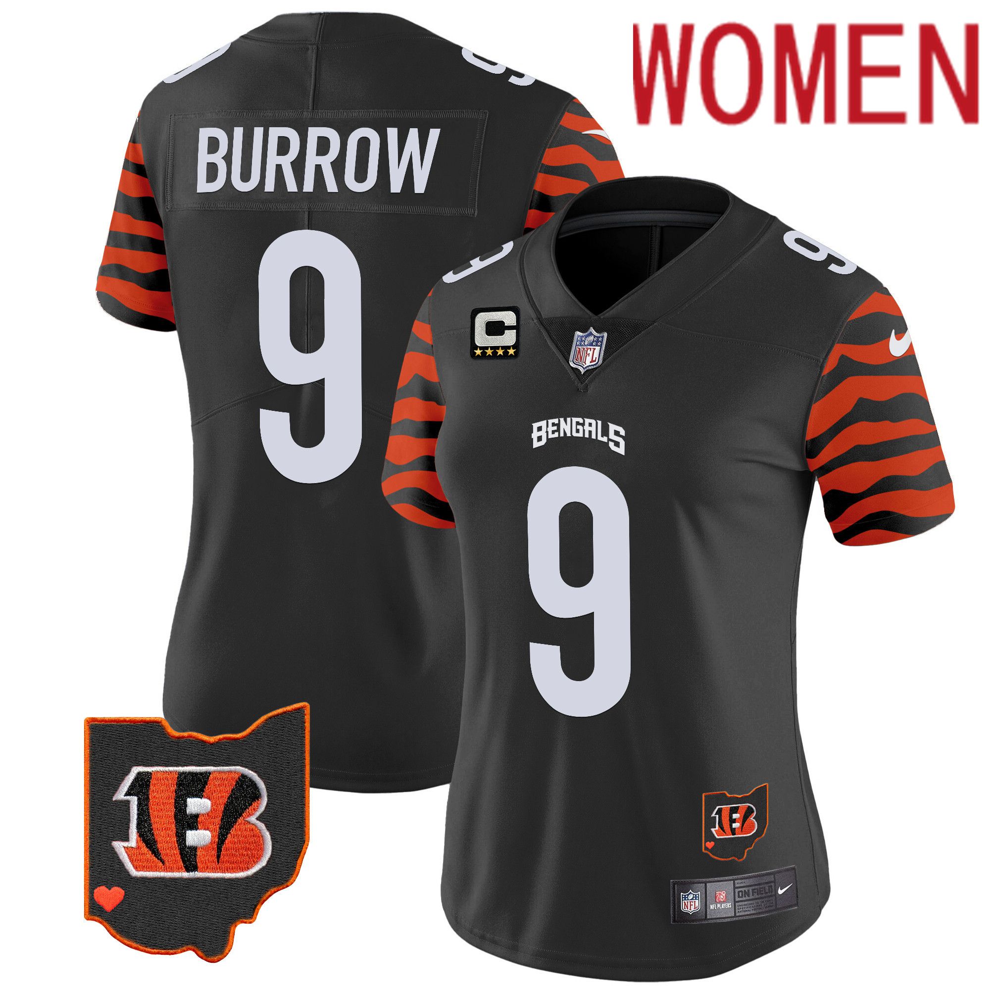Women Cincinnati Bengals #9 Burrow Black 2024 Nike Stripes Vapor Limited NFL Jersey